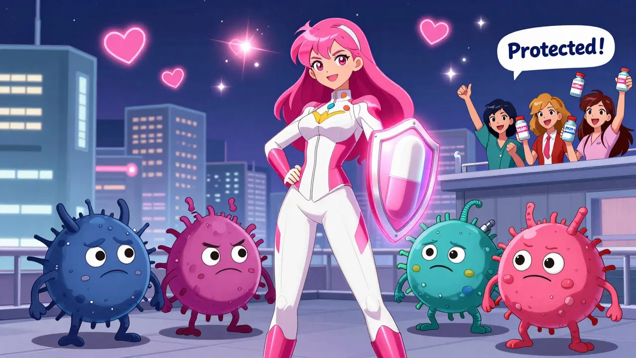 A kawaii superheroine named DoxyGirl uses a doxycycline pill as a shield against cute bacteria villains, surrounded by cheering people.