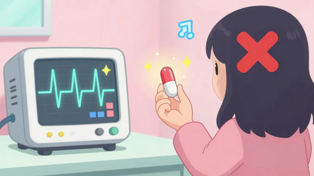 A patient holding a palonosetron pill with a stable ECG line, while ondansetron has a red X in kawaii style.