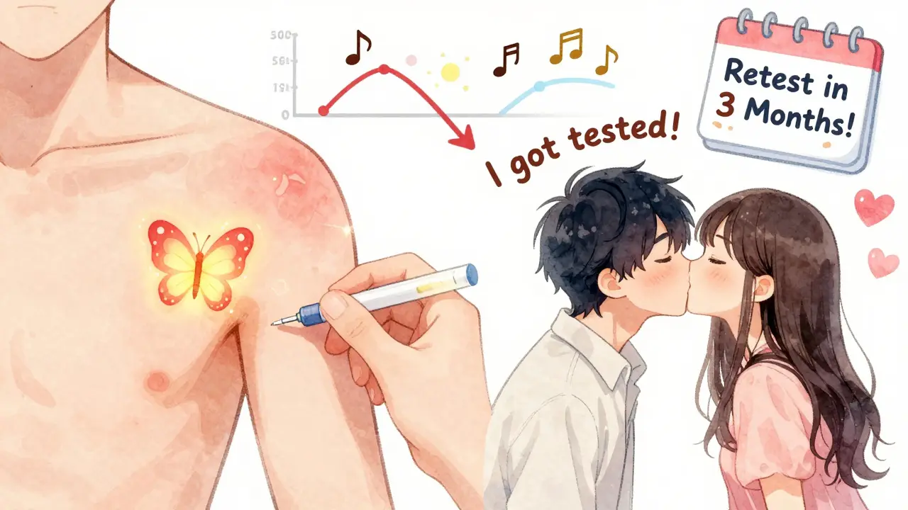 A person receives a penicillin shot as a syphilis rash turns into a butterfly, while a couple shares a kiss with a 'I got tested!' message.