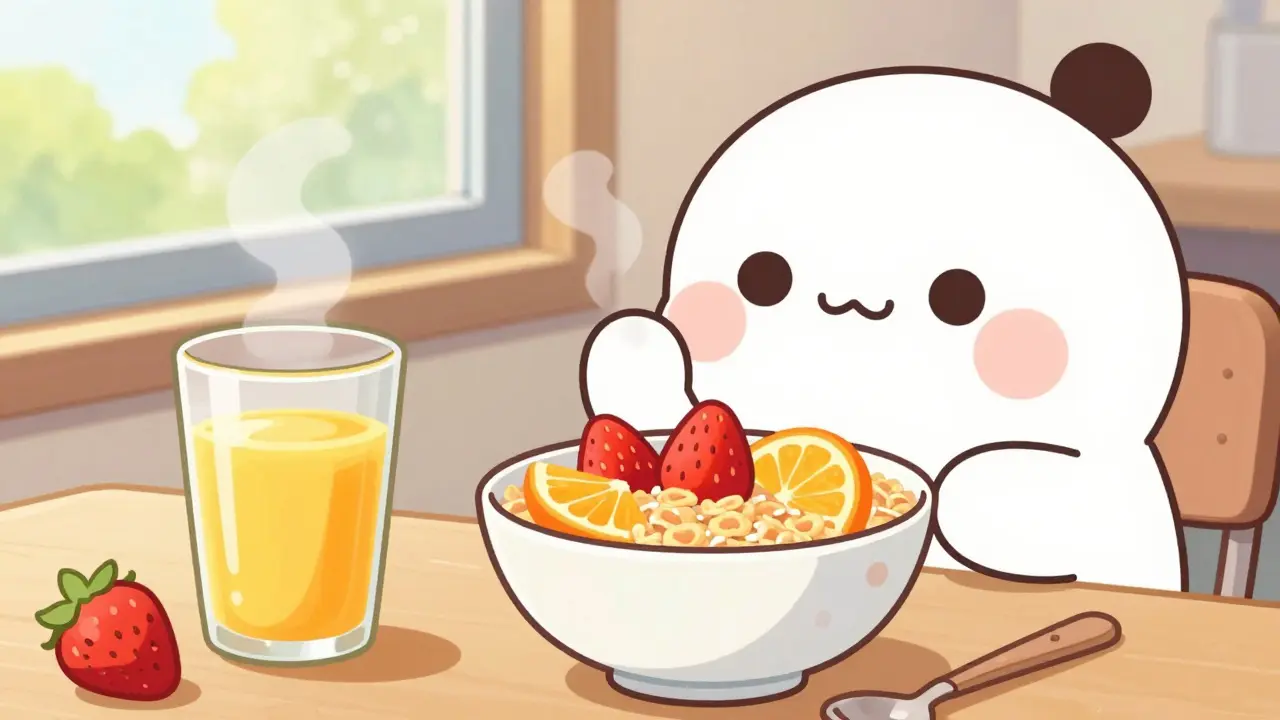 Cute character eating cereal with strawberries and orange slices