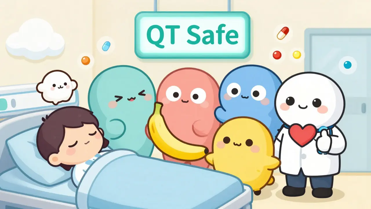 Diverse patients and doctor in a kawaii hospital scene with safe antiemetic icons and a 'QT Safe' sign.