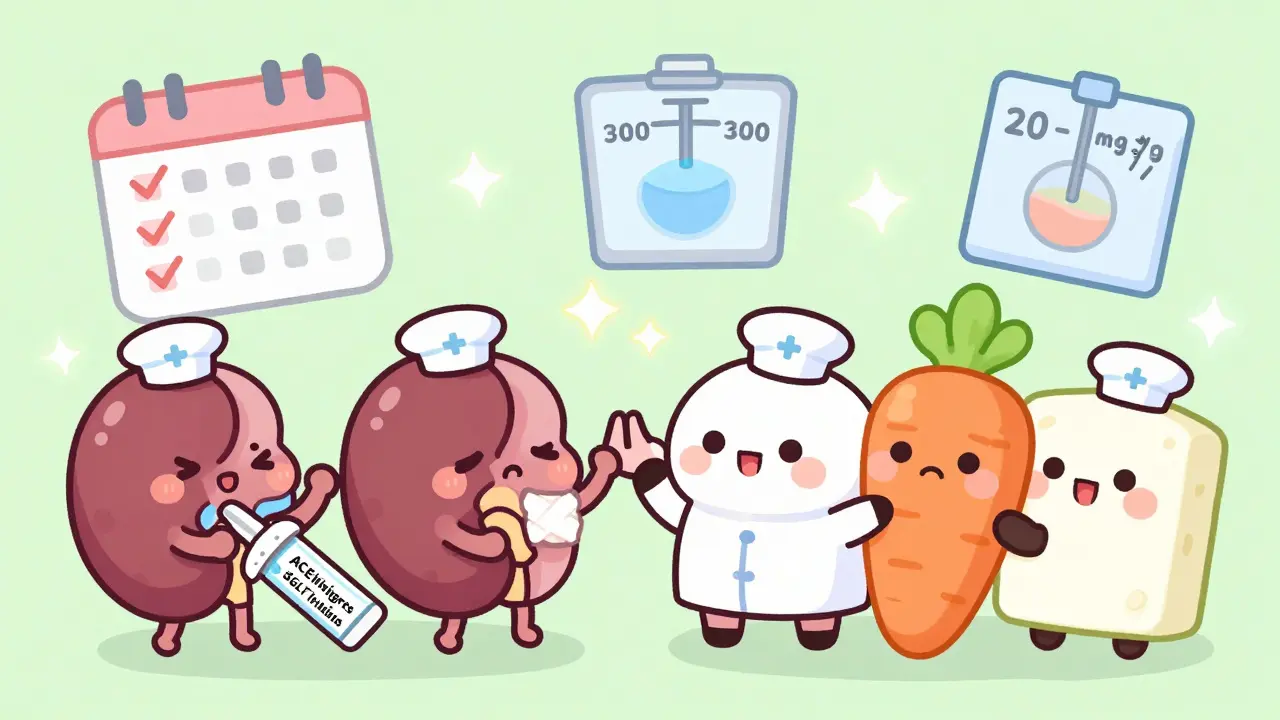 Friendly kidneys repairing filters with medicine icons, surrounded by plant foods in anime style.