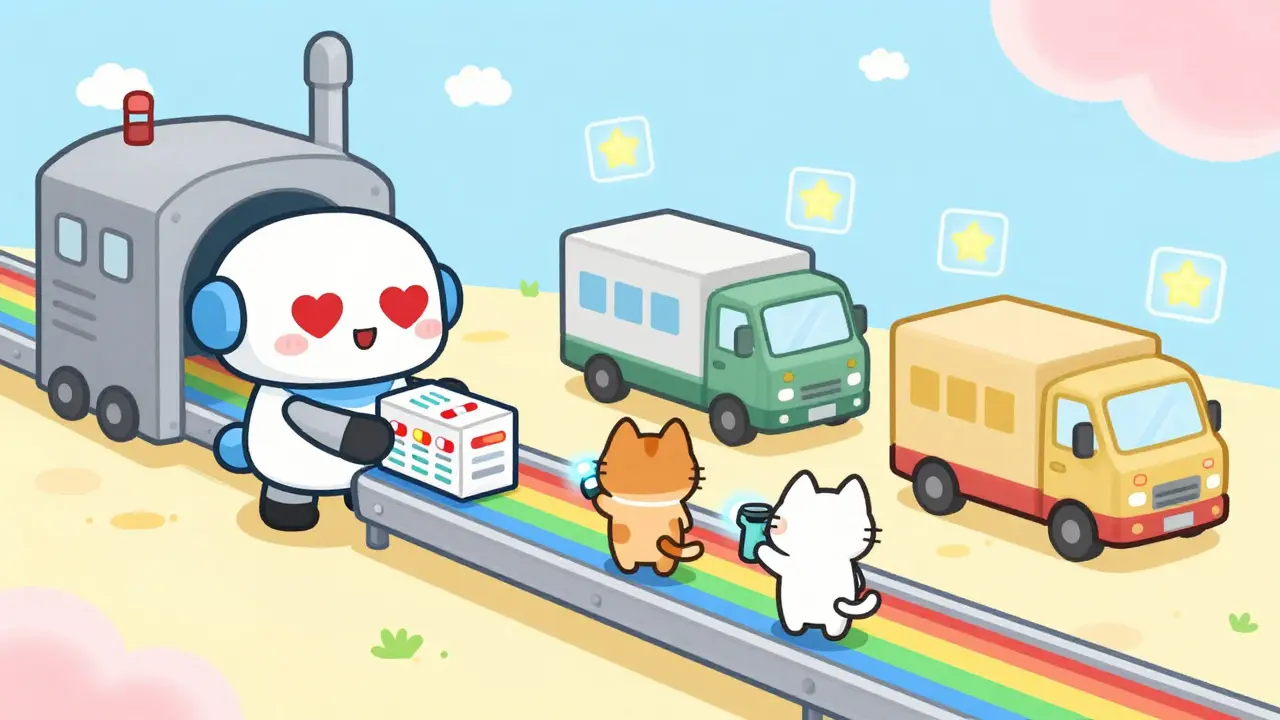 Friendly robots and animals passing a serialized medicine package along a rainbow supply chain.