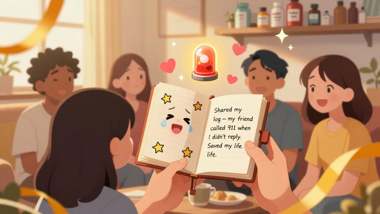 Friends sharing a handwritten medication log with hearts and emergency ribbon icons floating around