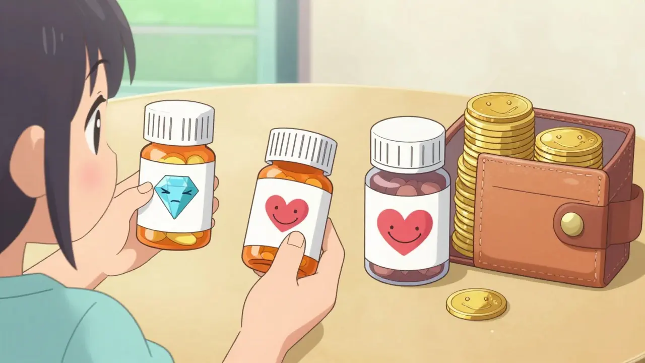 Patient holding brand and generic pill bottles with diamond and heart stickers, coins stacked nearby.