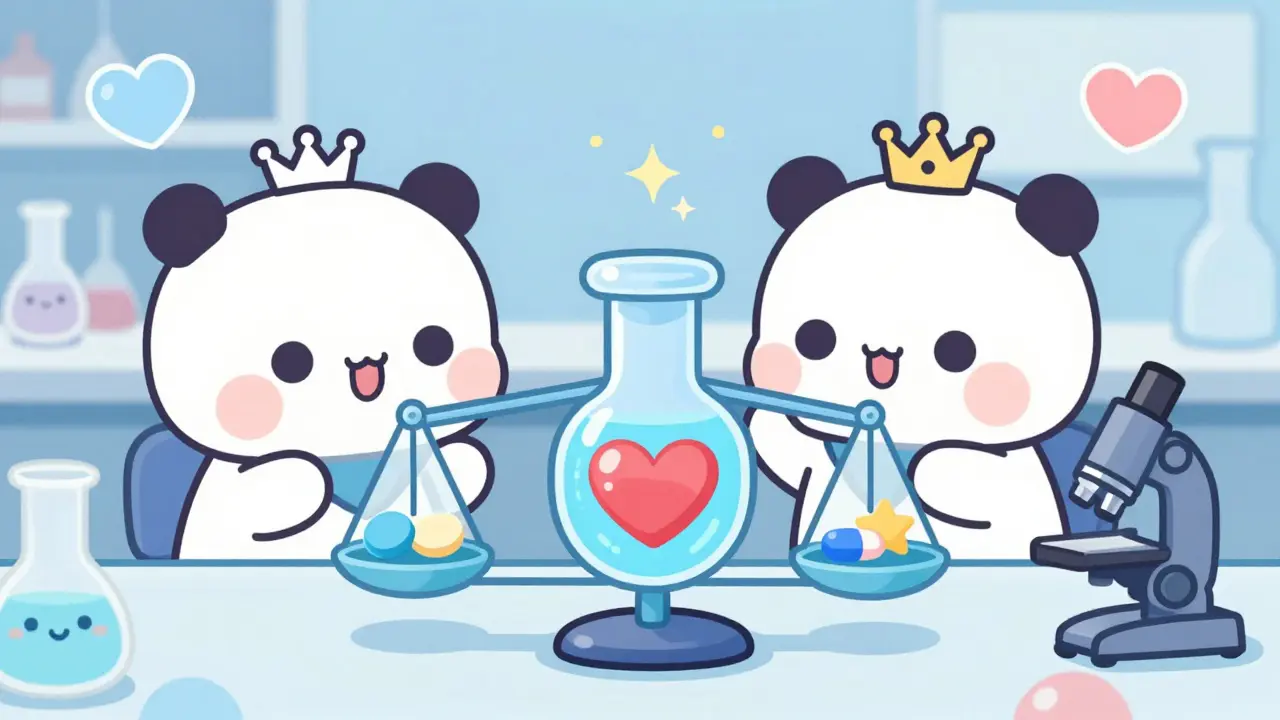 Scientists examining a heart-shaped blood vial under microscope with balanced scale showing crown and star pills.