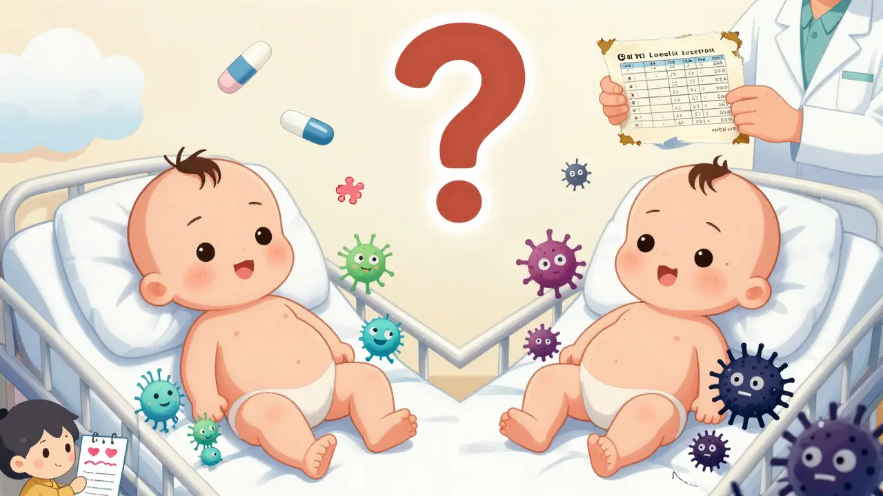 Two preterm babies side by side: one with healthy gut bacteria, the other overwhelmed by harmful ones, while a pharmacist holds an outdated dosing chart.