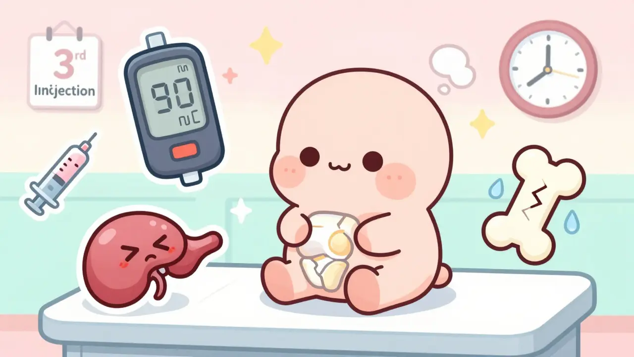 A cute cartoon knee joint with warning signs floating around it, showing blood sugar, adrenal suppression, and bone damage.