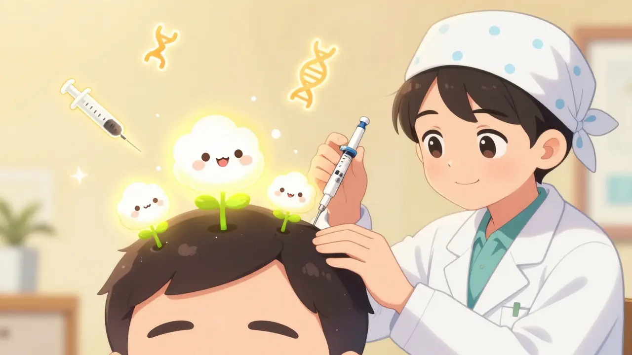 A dermatologist giving an injection to a patient while cartoonish immune cells retreat from glowing hair follicles in a hopeful, kawaii scene.