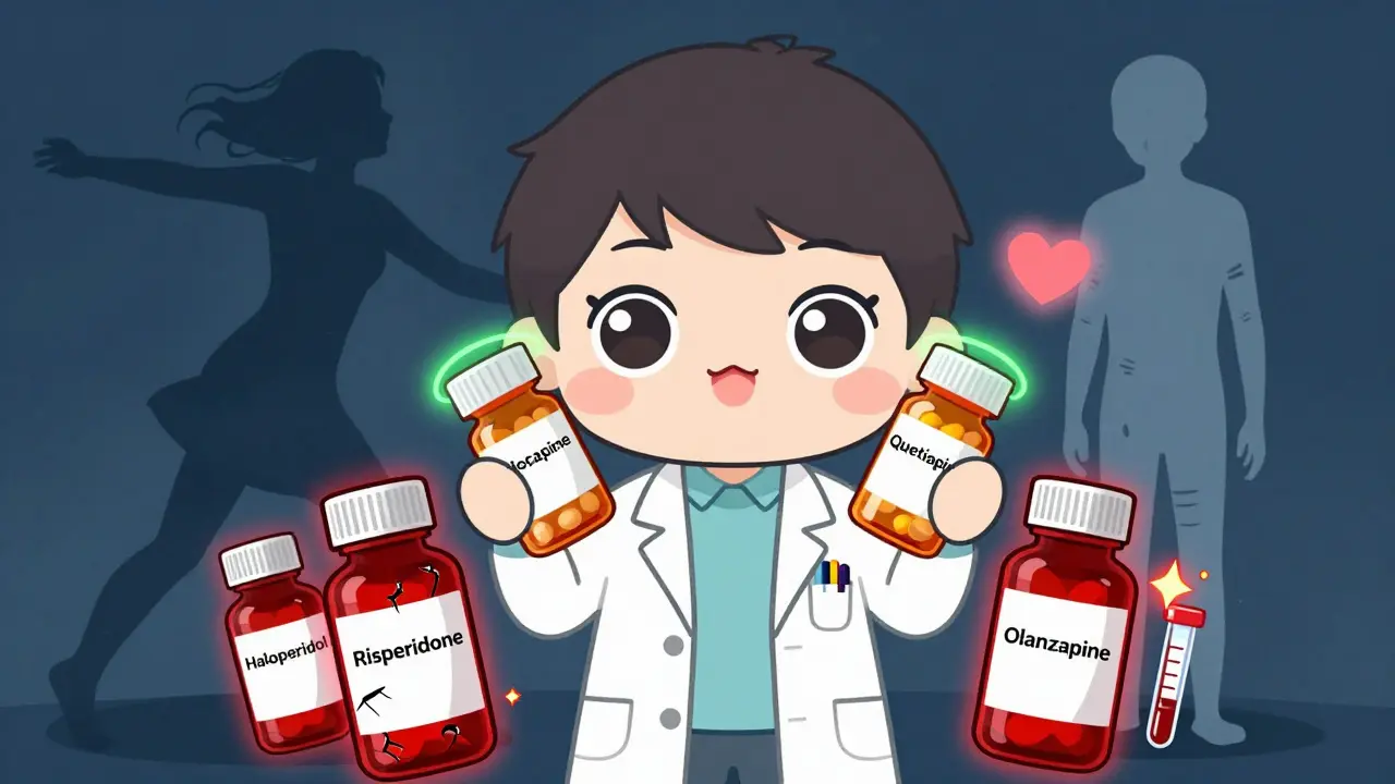 A doctor holds safe and dangerous antipsychotic pills, with one patient silhouette showing movement versus stiffness.