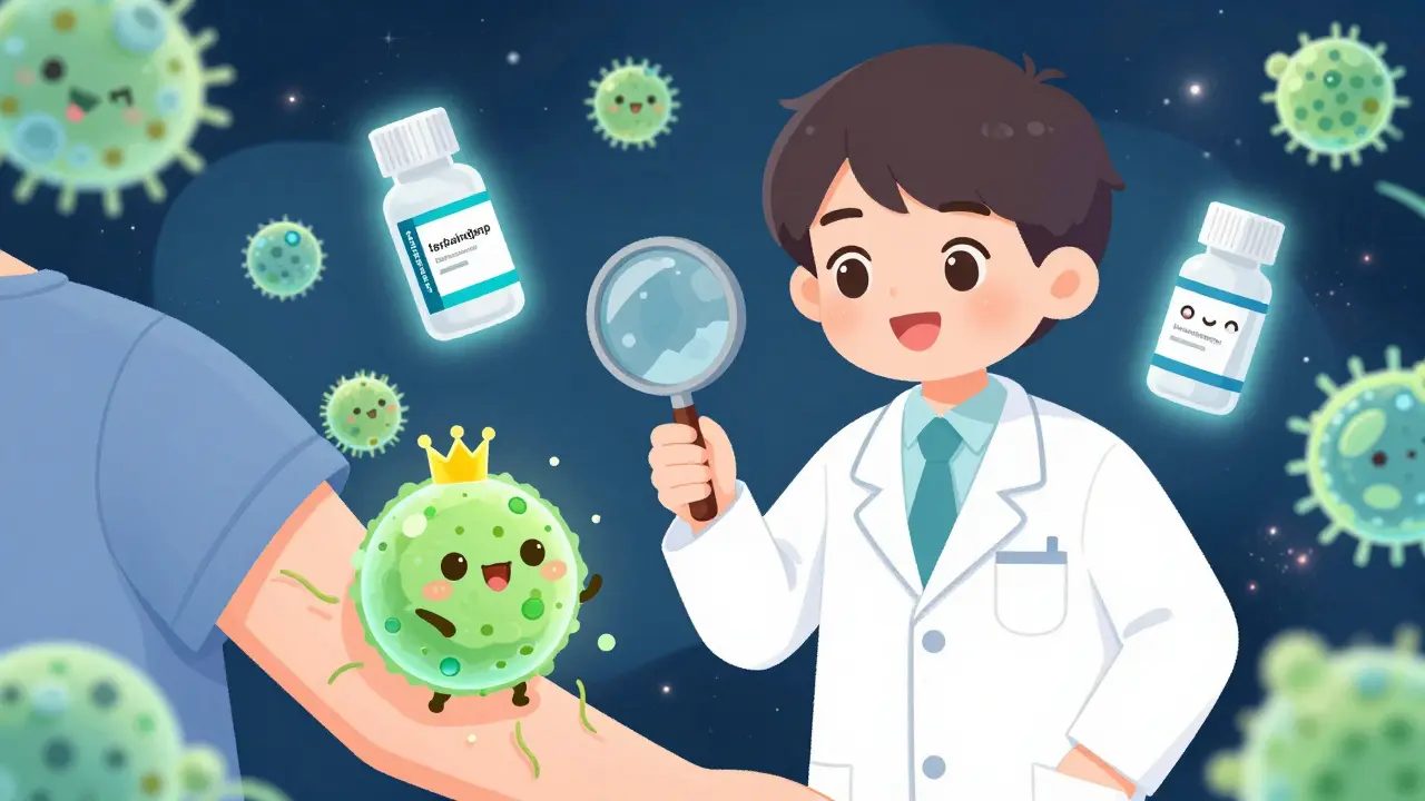 A doctor showing microscopic fungal characters to a patient, with glowing antifungal bottles nearby.