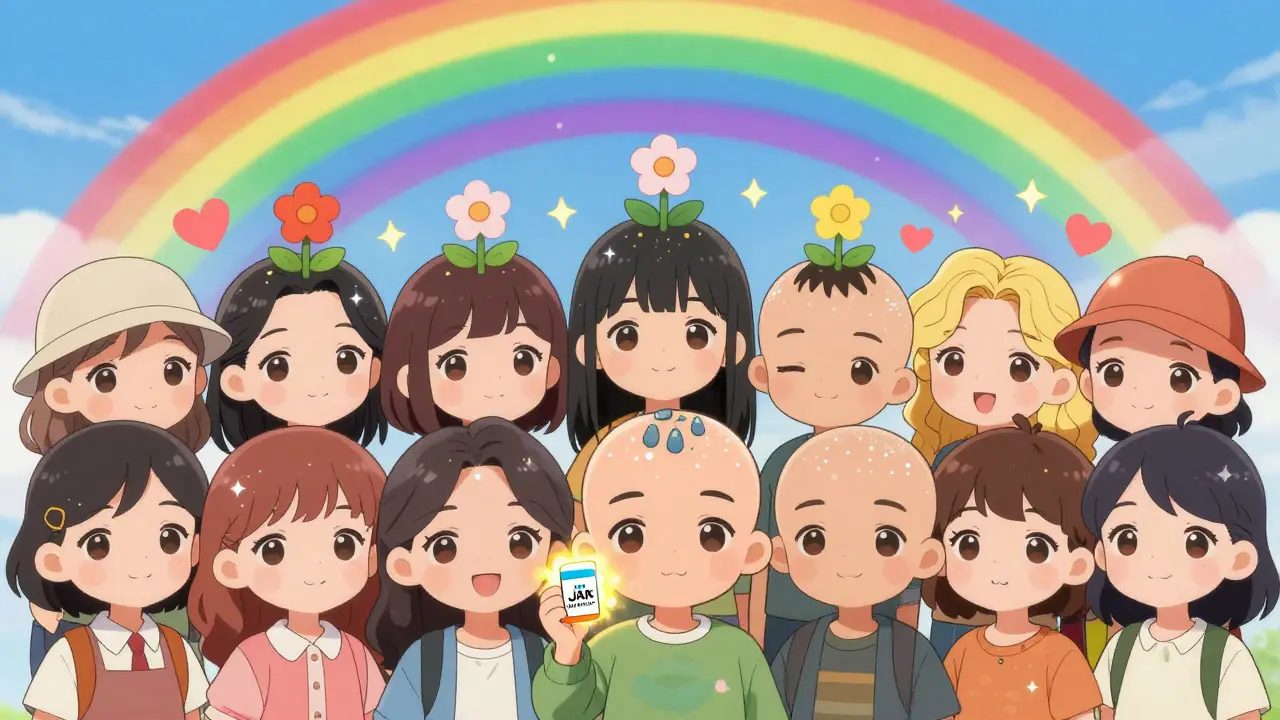A group of people with regrowing hair and accessories like wigs stand under a rainbow, symbolizing hope and community in a kawaii anime style.