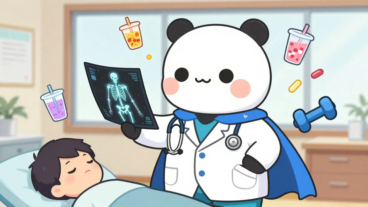 A medical hero with a stethoscope cape beside a patient, showing bone density loss while protein and vitamins float nearby.