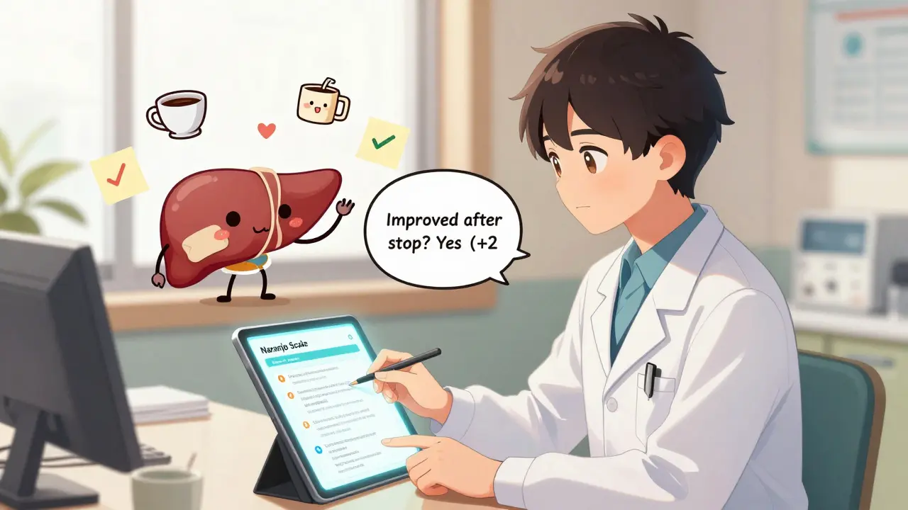 A medical student uses a tablet to auto-fill Naranjo Scale questions, with animated positive feedback icons nearby.