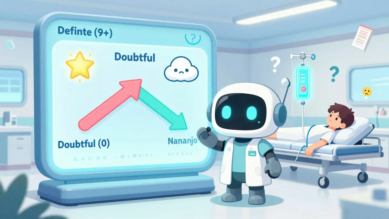 A robot and pharmacist stand beside a floating Naranjo Scale chart showing Definite and Doubtful outcomes with glowing arrows.