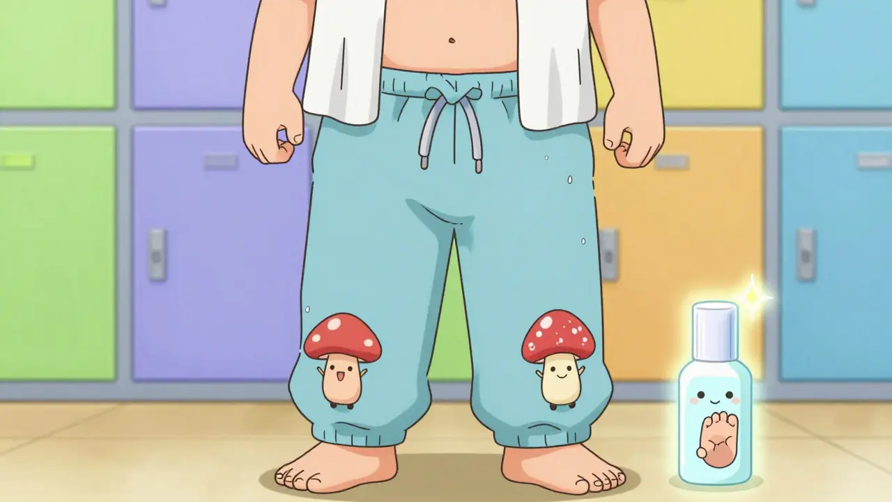 A sweaty athlete with cartoon fungi on damp clothes, next to a smiling antifungal cream bottle.