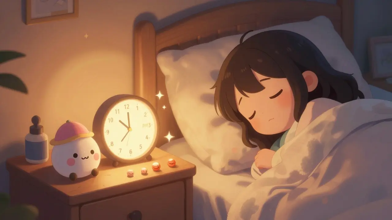 A woman takes thyroid medication at night while a cute iron pill sleeps peacefully across the room.