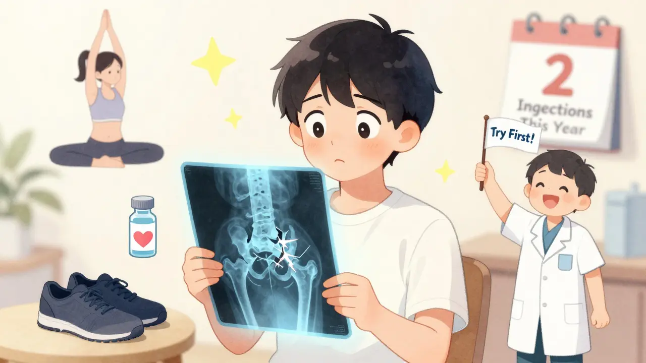 A young person holding an X-ray of a cracking hip joint, surrounded by alternative pain relief options like yoga and shoes.