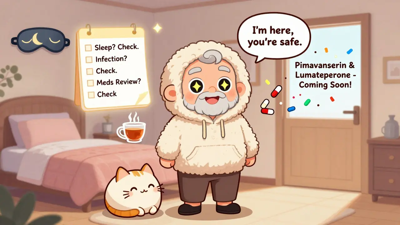 An elderly man surrounded by calming non-drug solutions like a sleep mask, tea, and a cat, with a glowing checklist.