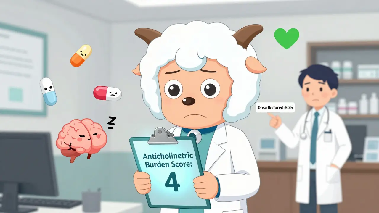 An older man with glowing anticholinergic burden score, being helped by a pharmacist in kawaii anime style.