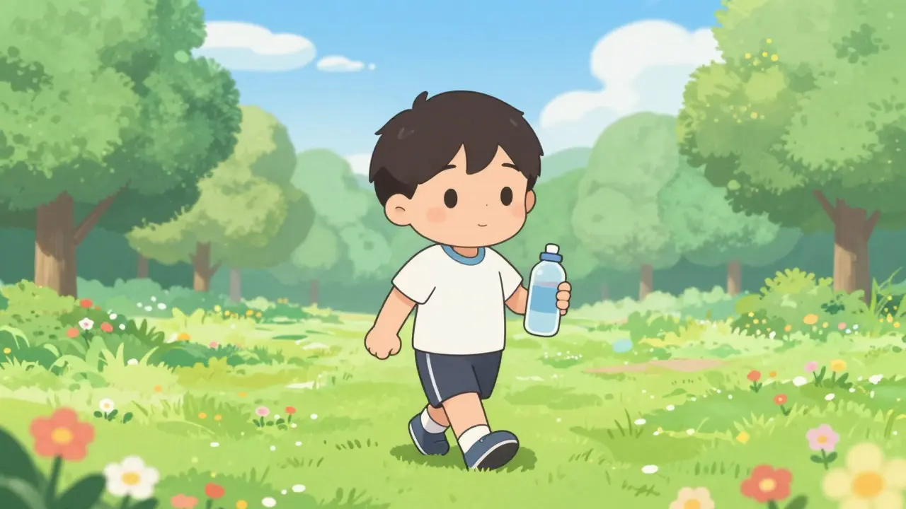 Anime character taking a gentle walk in a sunny park.