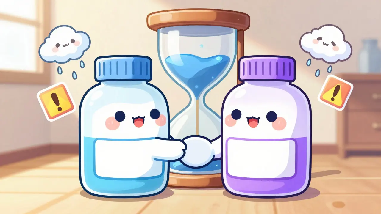 Cartoon medicine bottles shaking hands near an hourglass timer.
