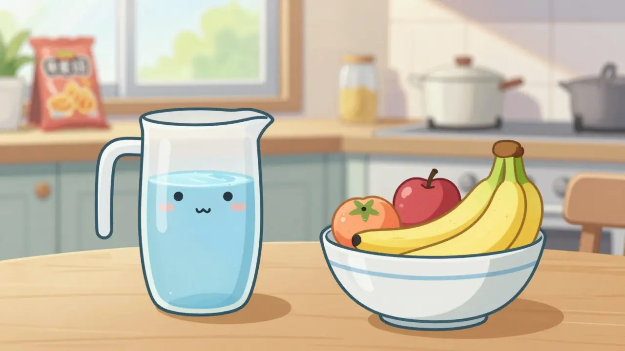 Cute character drinking water and eating fruit for health.
