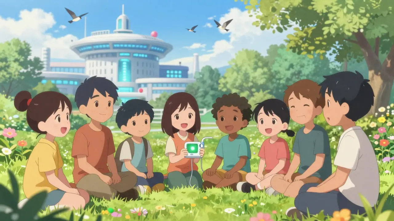 Group of happy patients in a park with a glowing health monitor device.