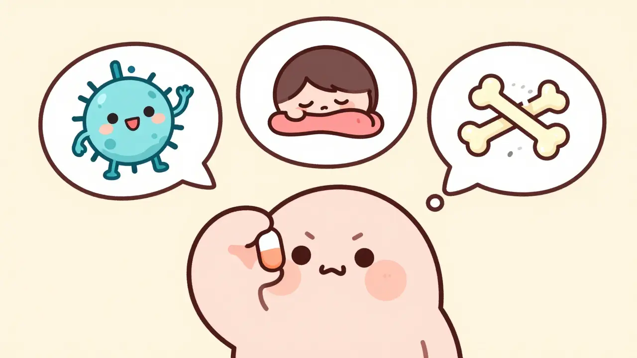 Person holding a supplement pill while thought bubbles show varied effects on immune system, pancreas, and bone.