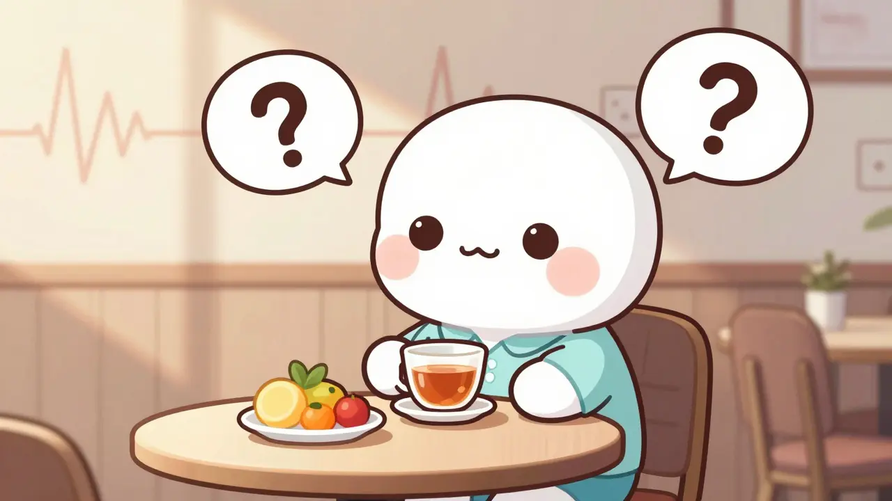 Person sits at table with fruit and teacup in sunny room