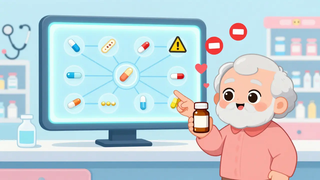Pharmacist showing a connected medication map to a senior, warning icons turning into hearts.