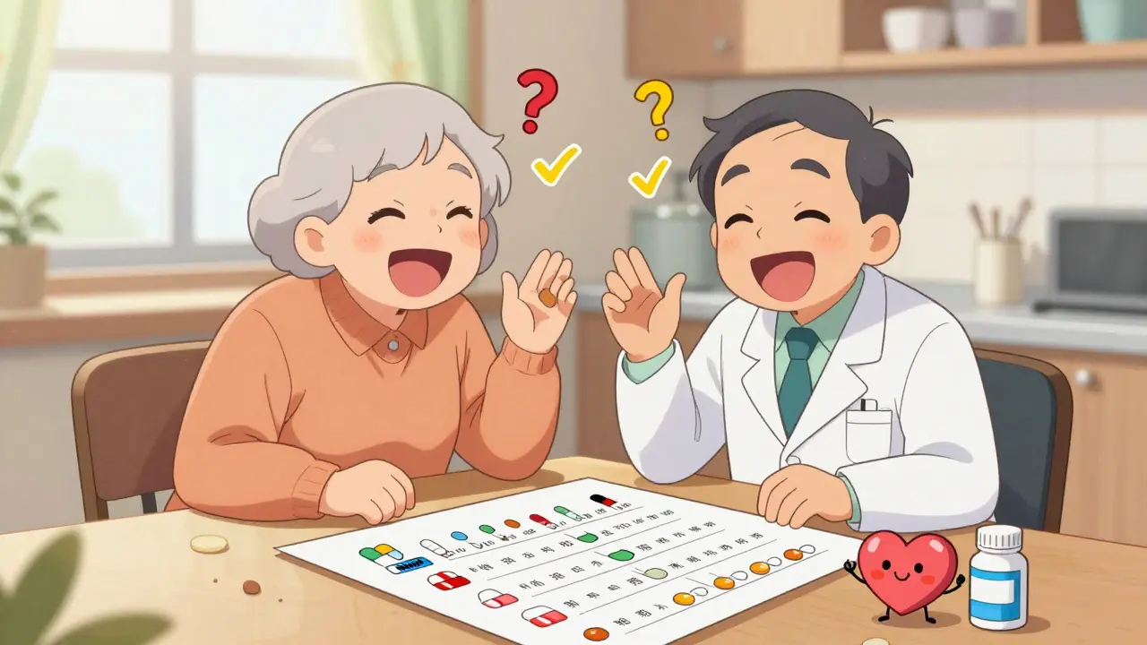 Senior and doctor crossing out duplicate pills on a list, cartoon drugs waving goodbye with happy expressions.