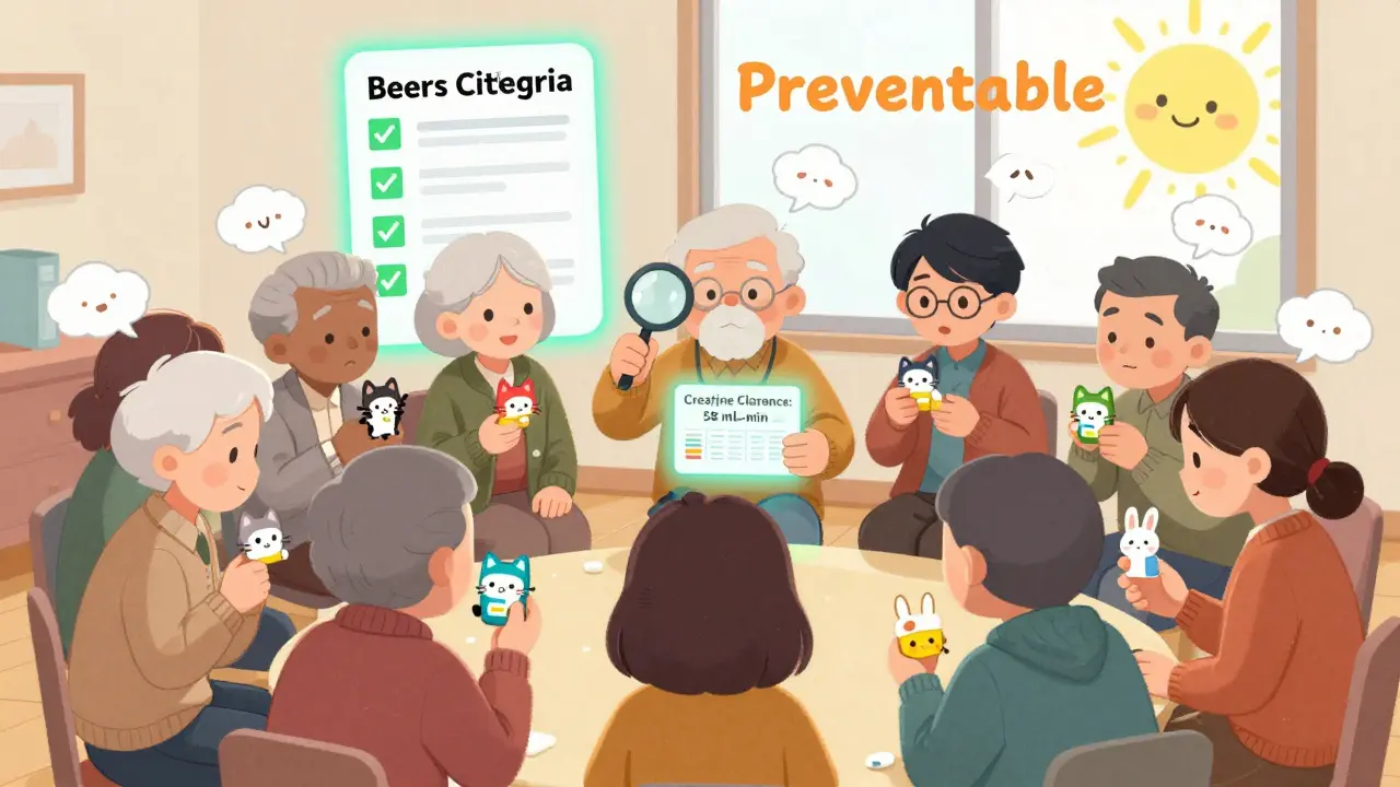 Seniors using cute pill organizers with side-effect clouds and a creatinine clearance chart in kawaii style.