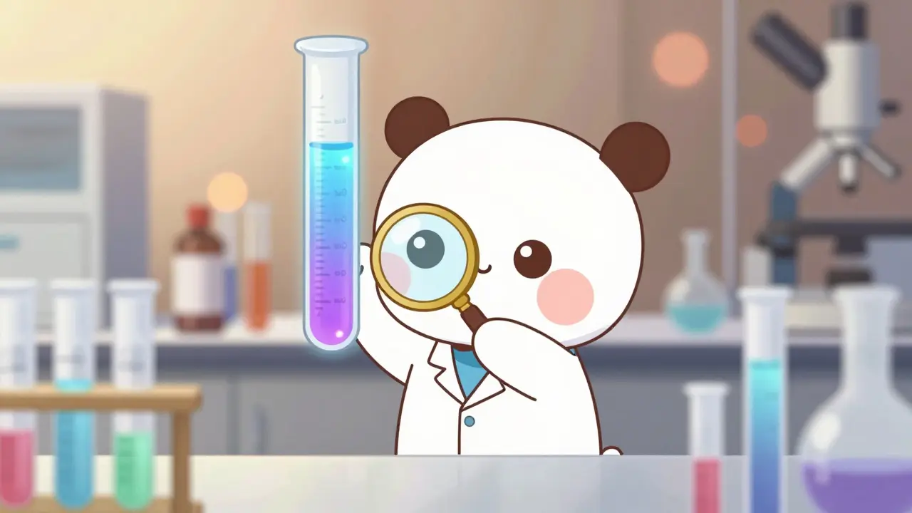 Small character in lab coat examines colorful glowing test tubes