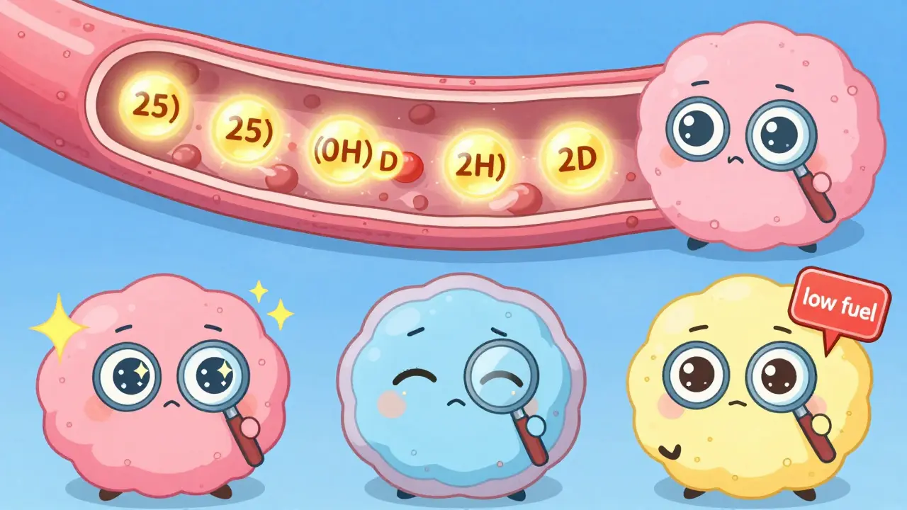 Tiny workers in cells converting vitamin D molecules, with different cells showing energy, fatigue, or low fuel signs.