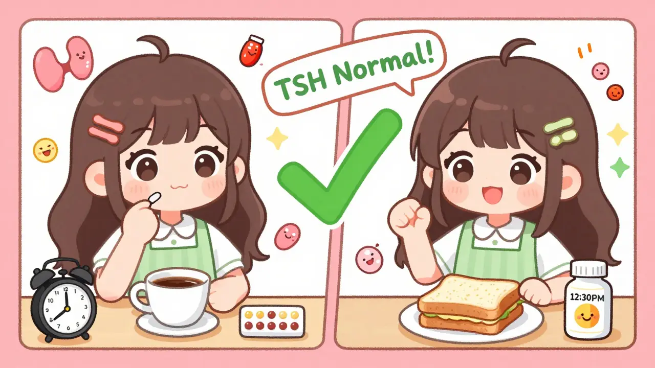 Two kawaii panels show morning thyroid and afternoon iron routines with happy icons and a 'TSH Normal!' banner.