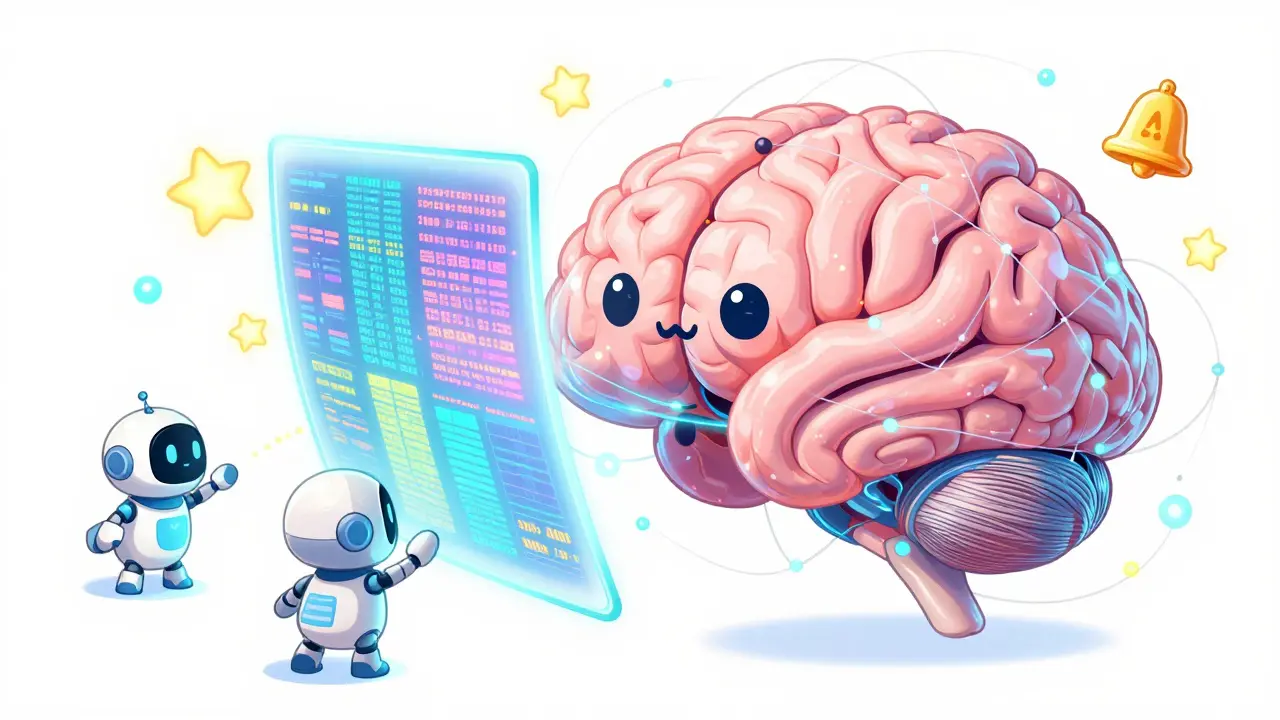 Adorable AI robots and a digital brain processing medical safety signals