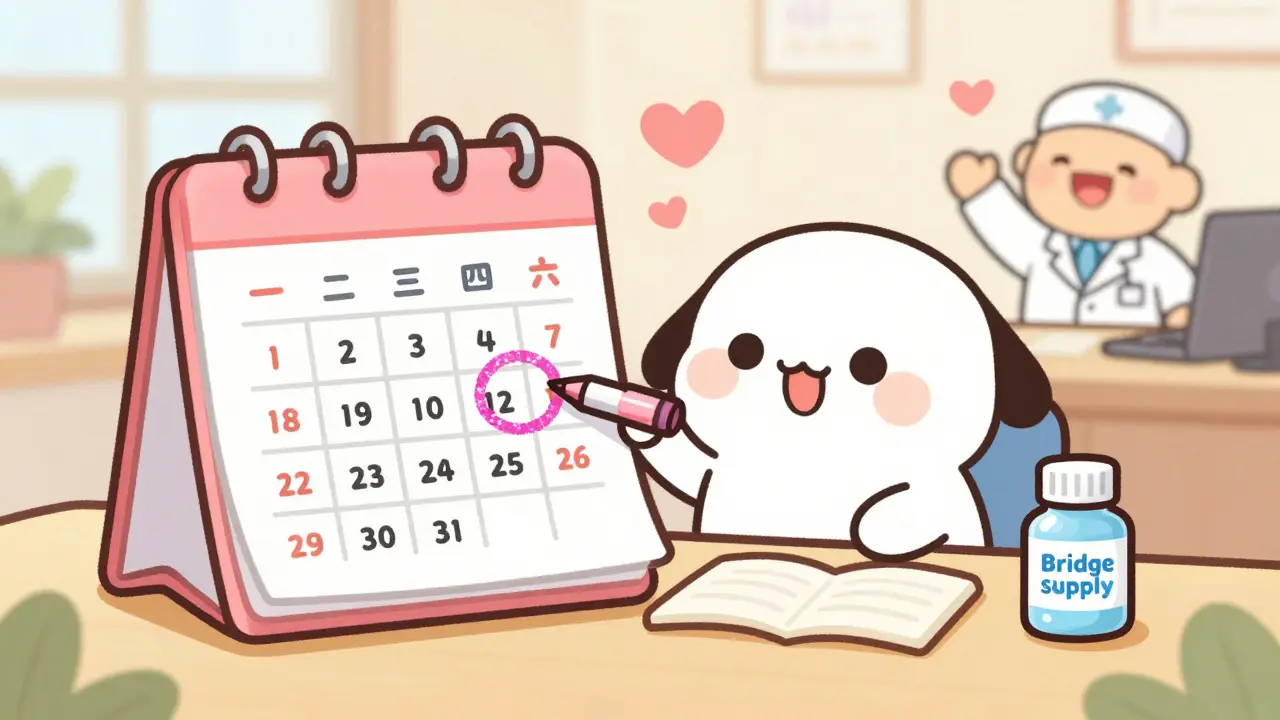 Anime character marking a calendar for a medication refill reminder.