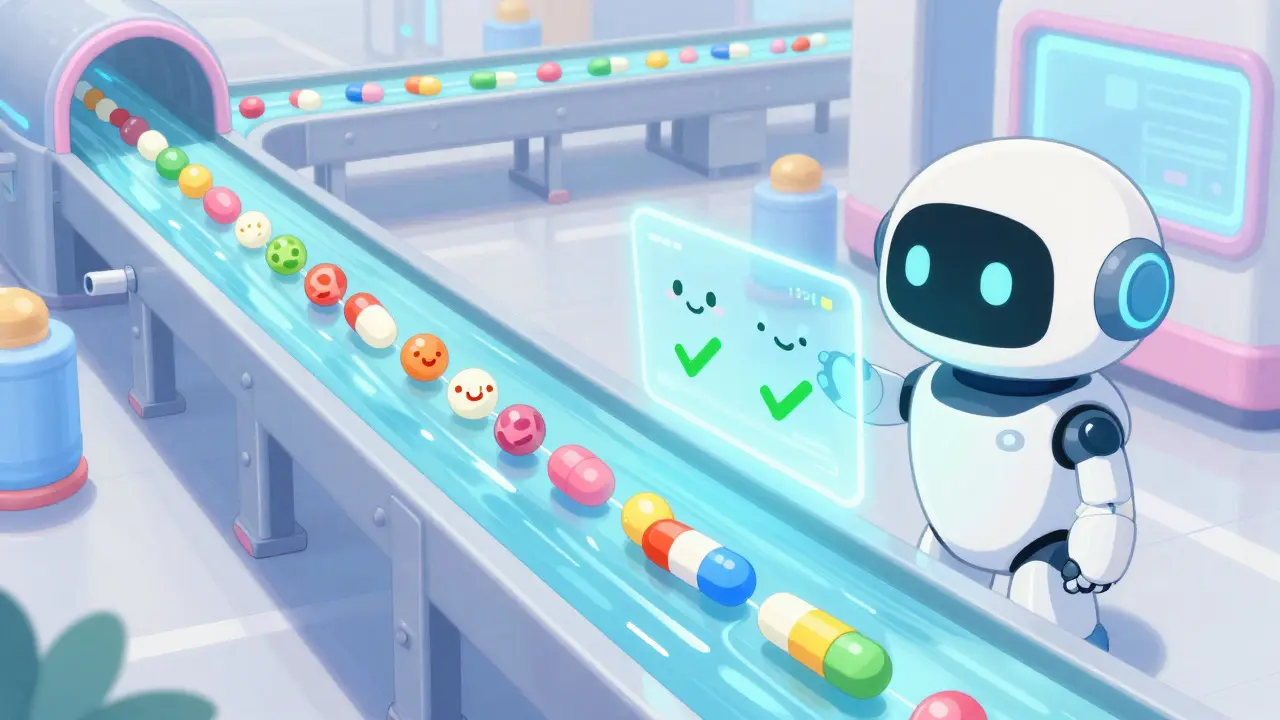 Anime style futuristic production line with a cute robot monitoring a flow of colorful pills