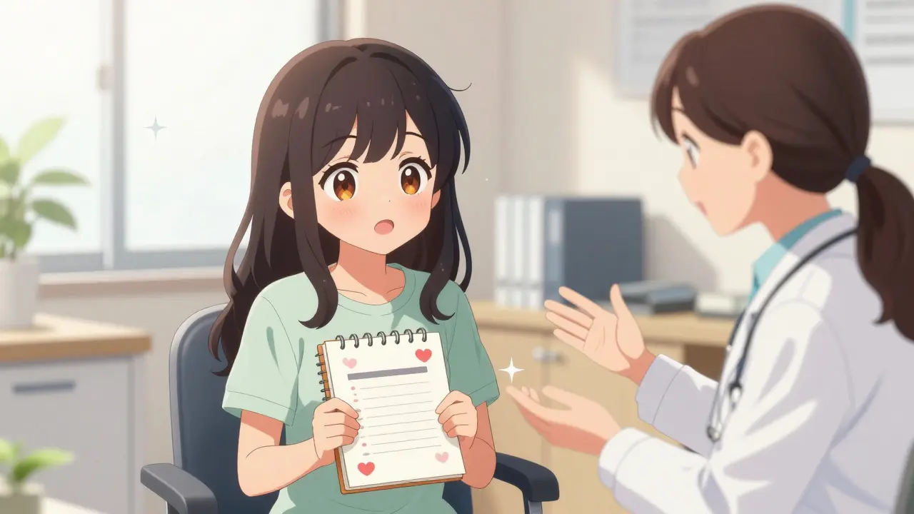 Anime woman discussing her health and symptom diary with a kind doctor in a bright office.