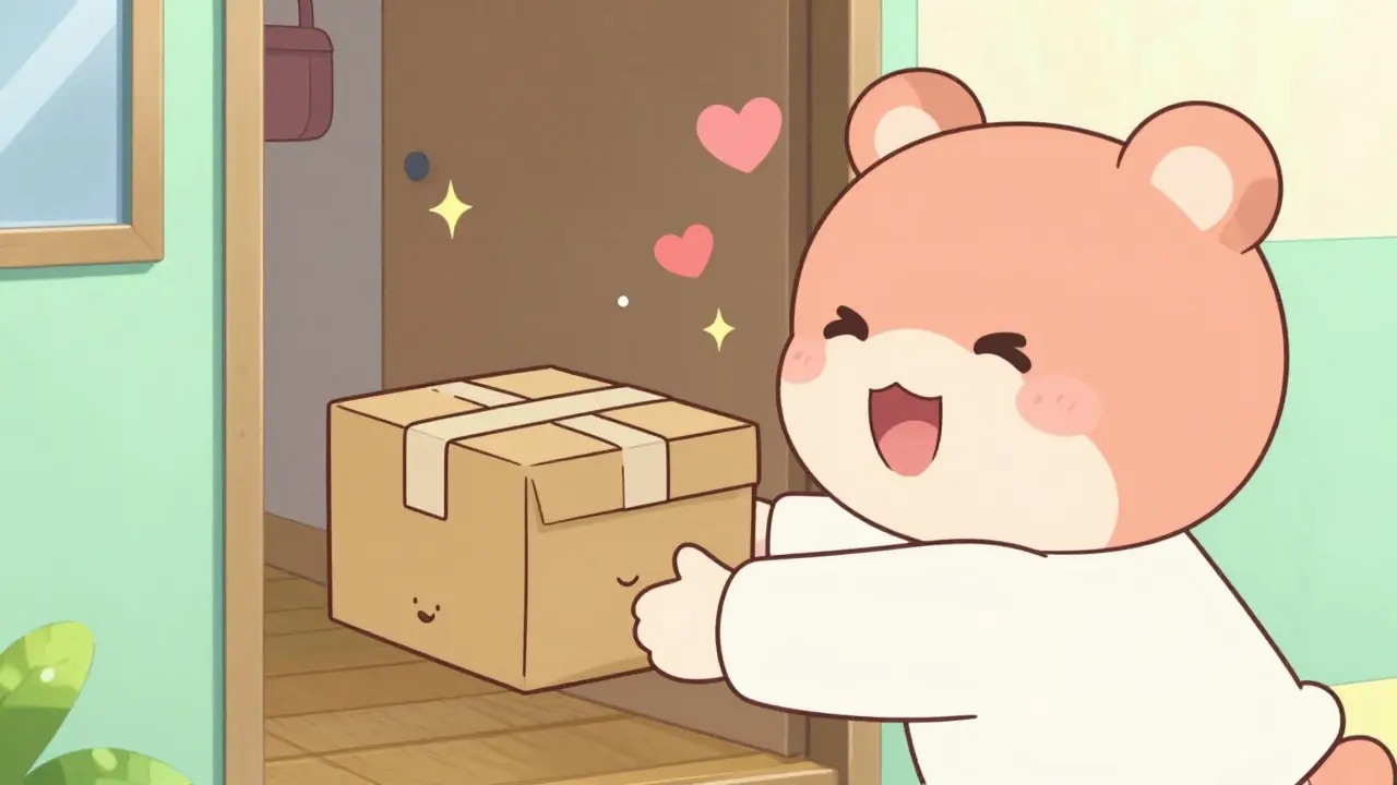 Cheerful anime character receiving a cute delivery package at a cozy home