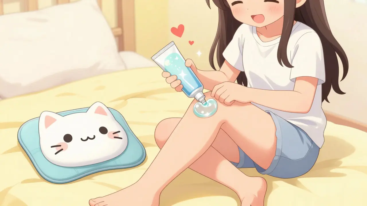 Cheerful anime character using a topical pain gel and a cat-shaped heating pad