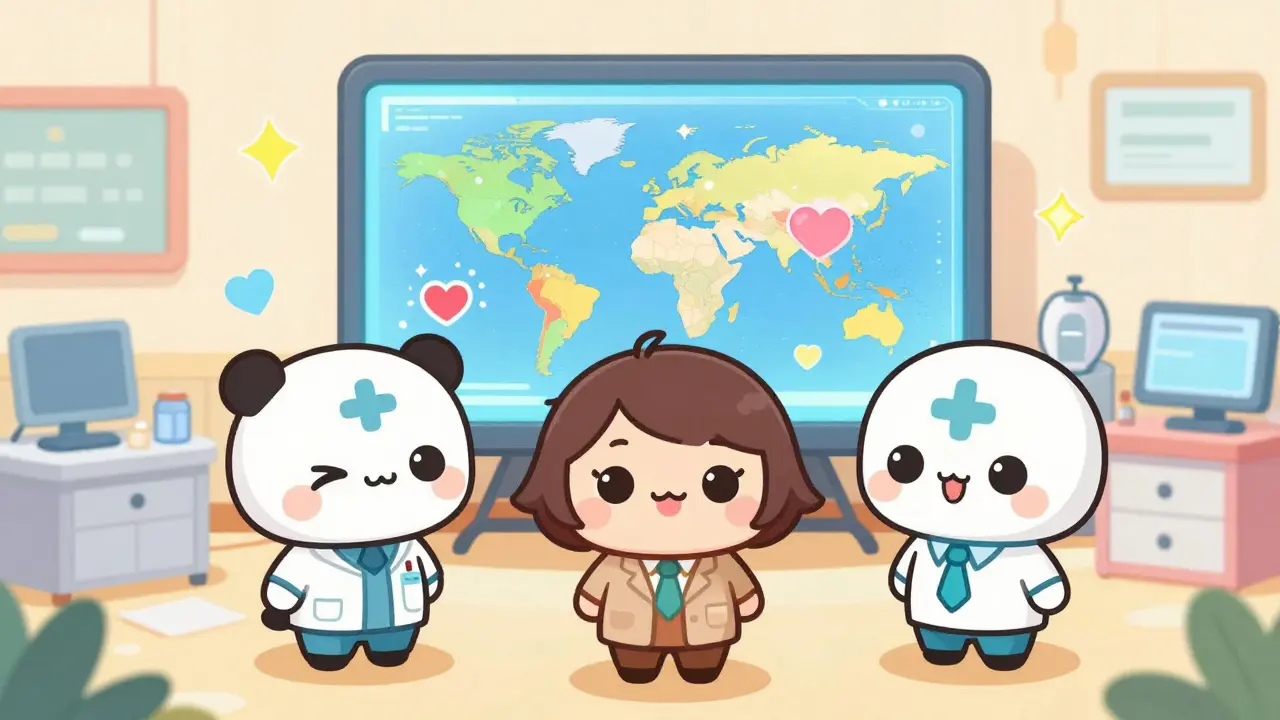 Chibi medical experts analyzing a glowing holographic world map of drug safety data.