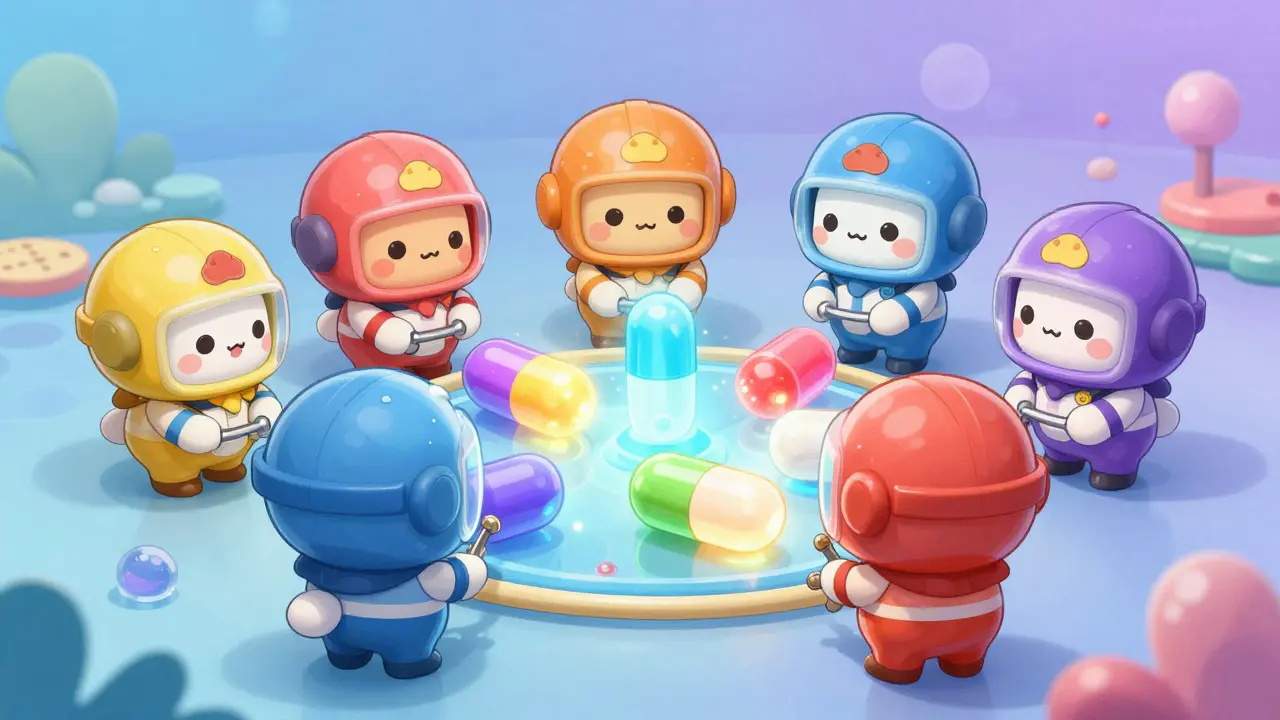 Cute chibi characters acting as a cleanup crew processing medication in a colorful space.