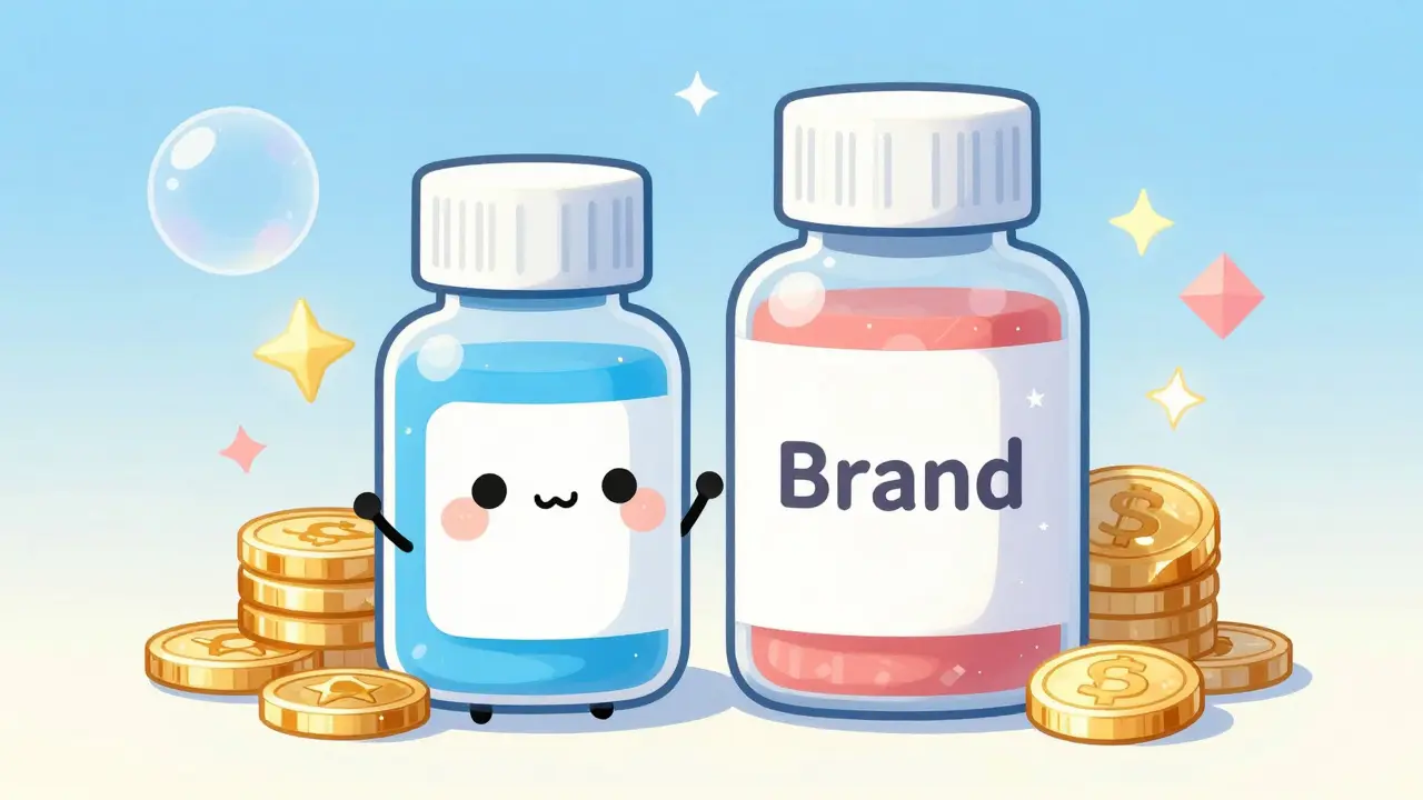 Cute personified generic and brand medicine bottles with coins and stars