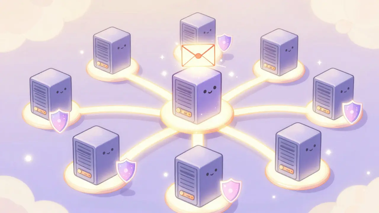 Cute stylized servers connected by glowing ribbons of light in a secure network.