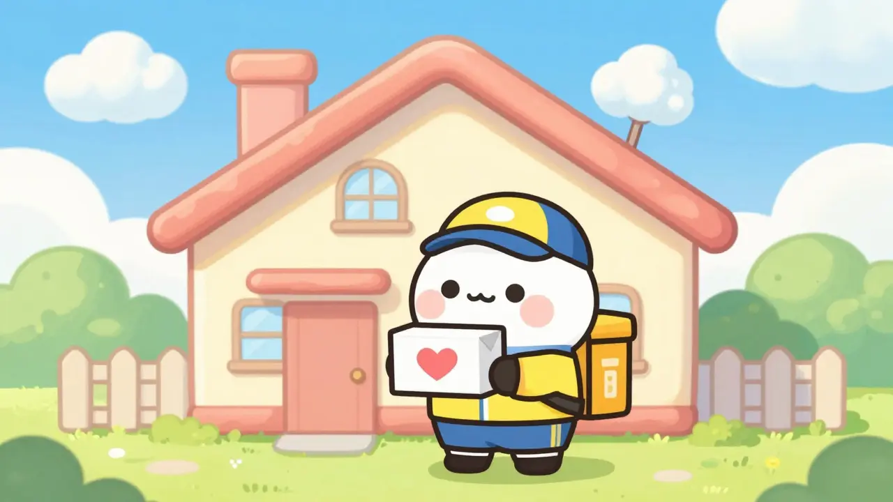 Kawaii anime courier delivering a small medical package to a colorful house