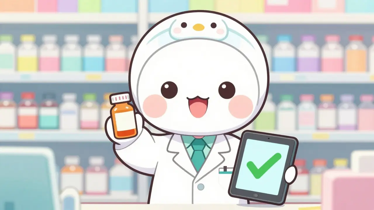 Kawaii anime pharmacist holding a verified prescription bottle in a colorful pharmacy
