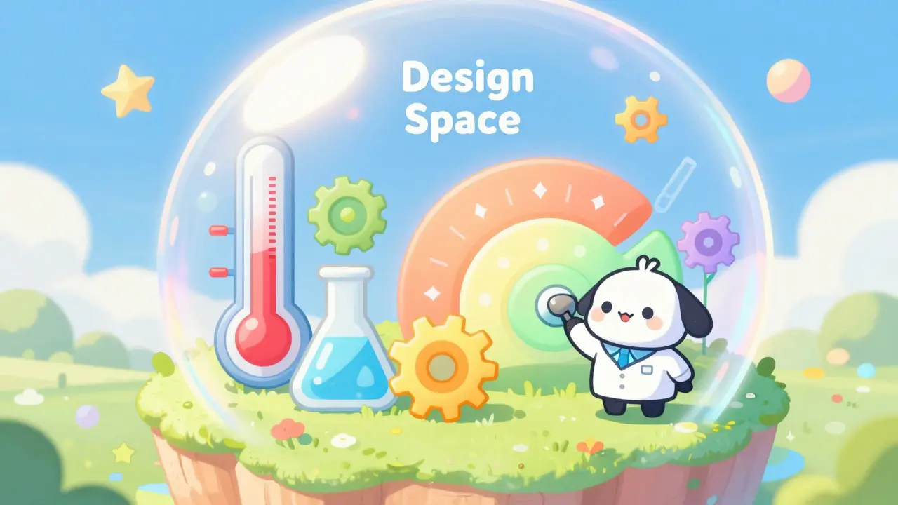 Kawaii illustration of a glowing design space bubble containing scientific parameters