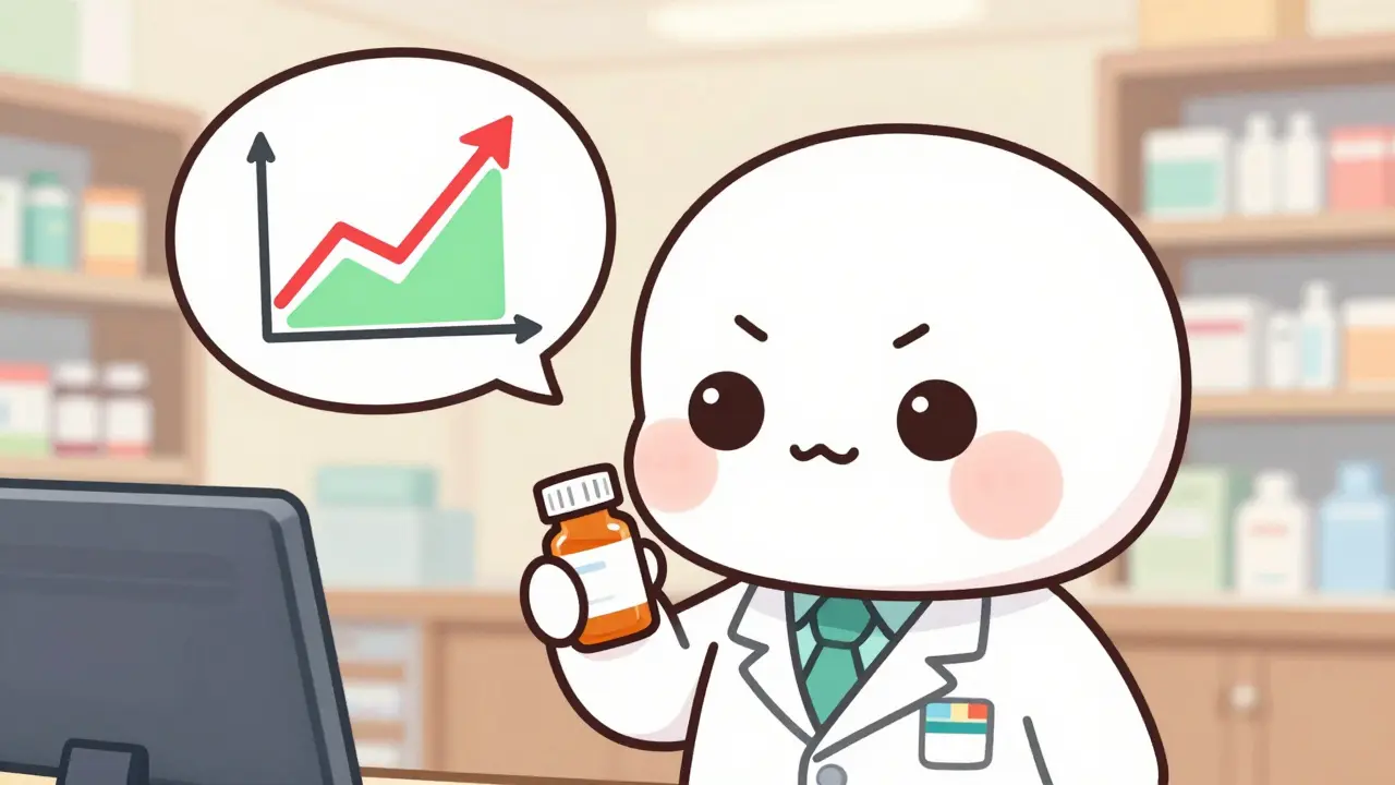 Kawaii pharmacist noticing a spike in safety reports for a new generic drug